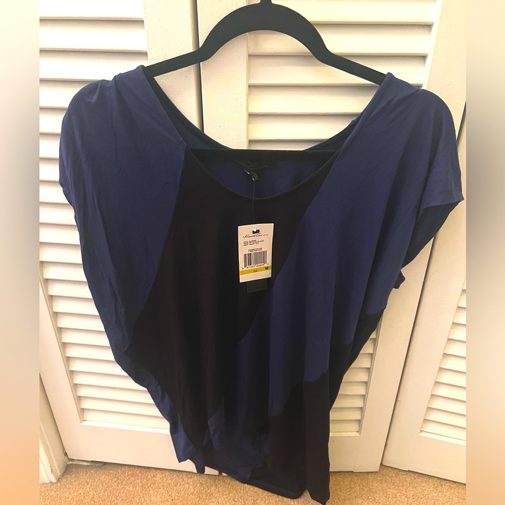 Kenneth Cole New York navy blue and black cap sleeve asymmetrical shirt. NWT.